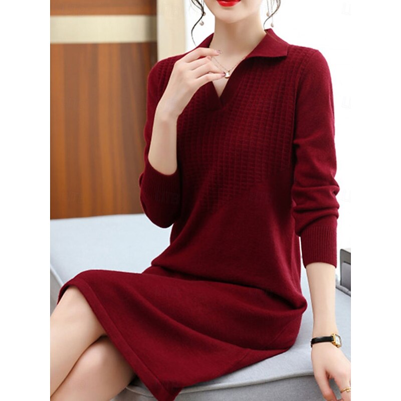 Women's Valentine Sweater Dress Plain Midi Dress Long Sleeve Shirt Collar Regular Fit Vacation Stylish Basic Casual Daily Red Blue Khaki Fall Winter2