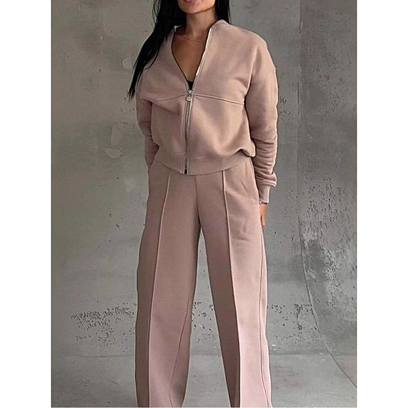 Women's Daily Bolero Top Wide Leg Pants Long Sleeve Solid Color Zipper Outdoor Office Black Pink Beige Spring &  Fall Regular Fit4