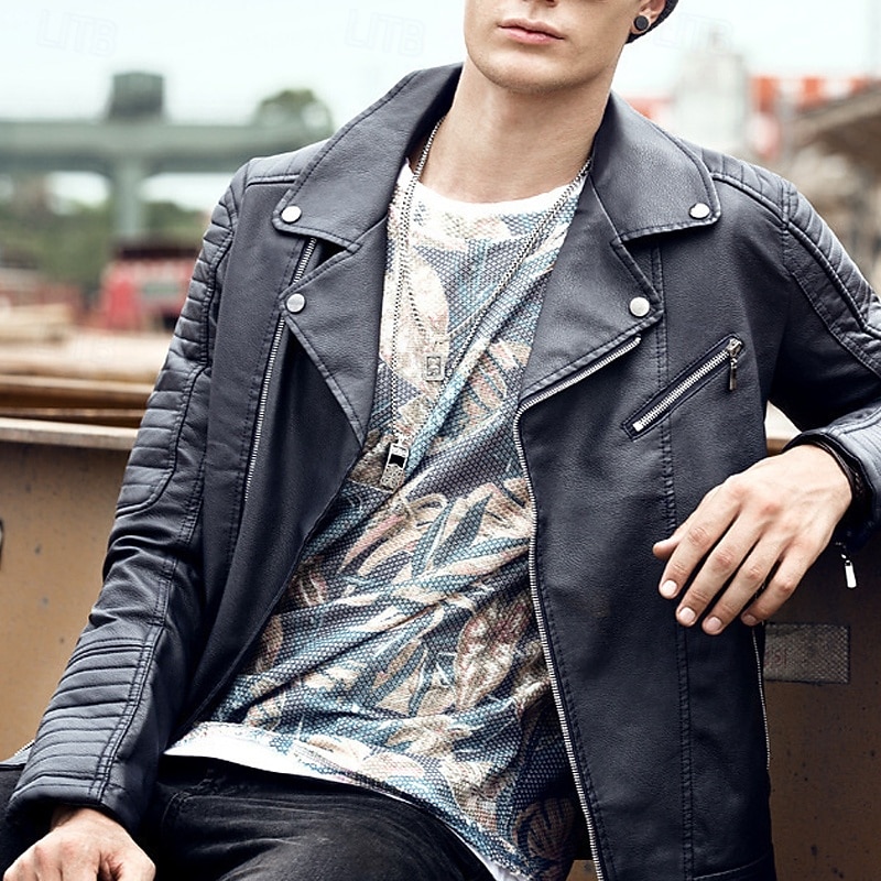 Men's Faux Leather Jacket Transition Jacket Biker Jacket Motorcycle Jacket Vacation Daily Windproof Warm Pocket Fall & Winter Plain Fashion Classic Lapel Regular Black Dark Blue Jacket