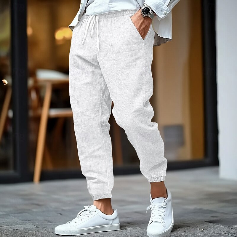 Men's Linen Pants Trousers Summer Pants Elastic Waist Straight Leg High Rise Solid Color Comfort Breathable Full Length Business Business Black White High Waist Inelastic3