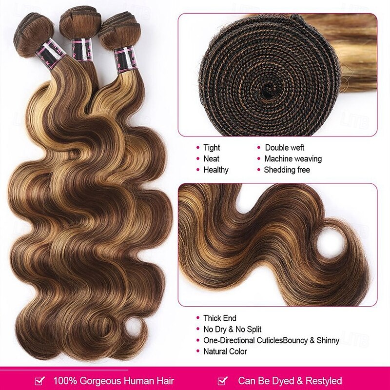 Highlight P4/27 Body Wave Human Hair  Extensions 3 Bundles with Closure For Black Women3