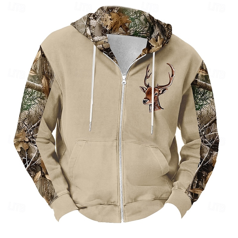 Men's Camo Deer Hoodies Fashion Daily Long Sleeve Hooded Vacation Hunting Black Brown Drawstring Zipper Fall Winter Designer