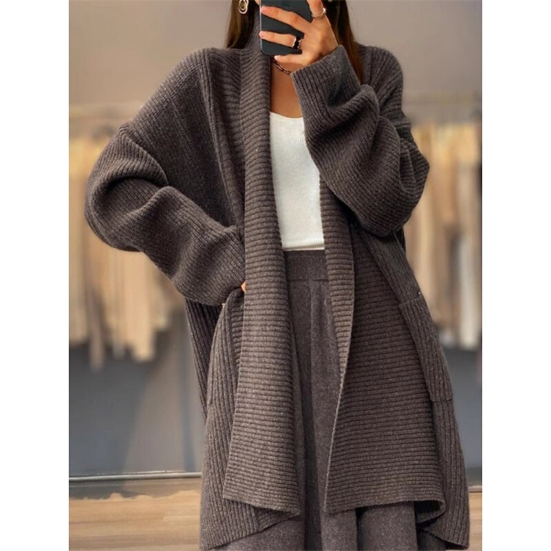 Women's Sweater Cardigan Casual Soft Pure Color Ribbed Open Front Pocket Knitted Long Sleeve Long Tops Knit Outdoor Daily Weekend Khaki Beige Fall Winter4