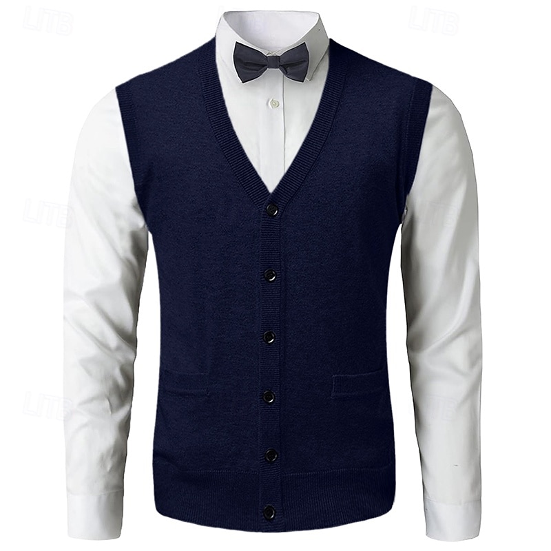 Men's Sweater Vest Dress Sweater Knit Knitted Solid Color V Neck Stylish Vintage Style Daily Wear Clothing Apparel Fall Winter Red Dark Navy S M L2