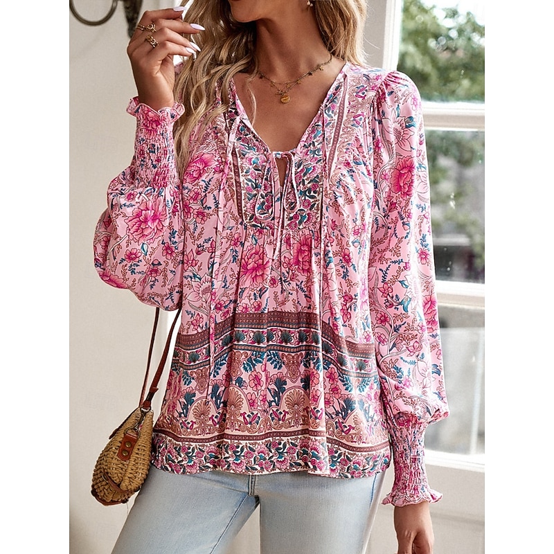 Women's Shirt Blouse Floral Bohemia Casual Long Sleeve V Neck Regular Tops Daily Print Yellow Pink Navy Blue Blue Orange Summer Spring Fall2