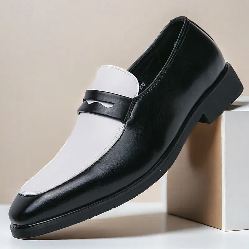 Men's Black and White Faux Leather Loafers with Cut-Out Strap Detail - Elegant Slip-On Shoes for Formal and Business Attire