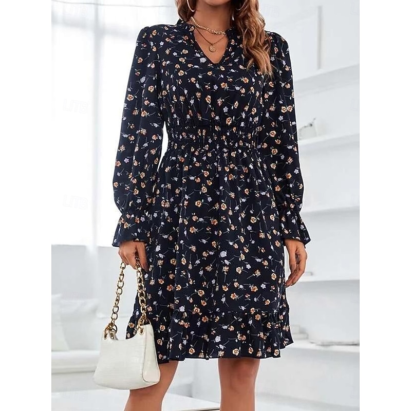 Women's Normal Midi Dress Chiffon Dress Elegant Vintage Daily Date Regular Fit Floral Graphic Long Sleeve V Neck Black Navy Blue Blue Spring Fall2