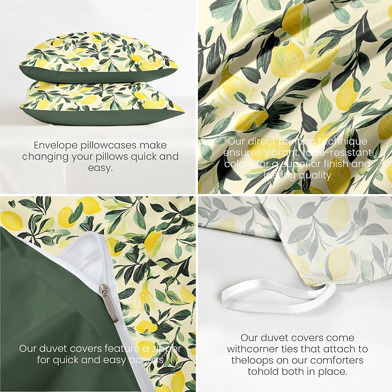 Lemon Vintage Duvet Cover Set 3 Pieces, Botanical Patterns, Soft Microfiber Bedding Set Machine Washable, Available in Queen, King, and Twin Sizes, Comfortable & Stylish3