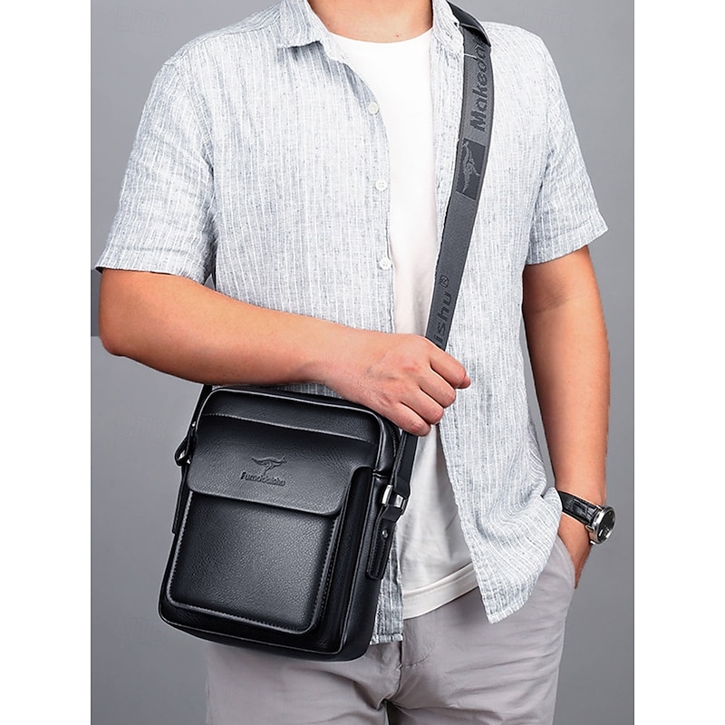 Men's Brown Black Faux Leather Crossbody Bag with Adjustable Shoulder Strap - Stylish and Practical Shoulder Bag, Messenger Bag for Work, Travel and Daily Use2
