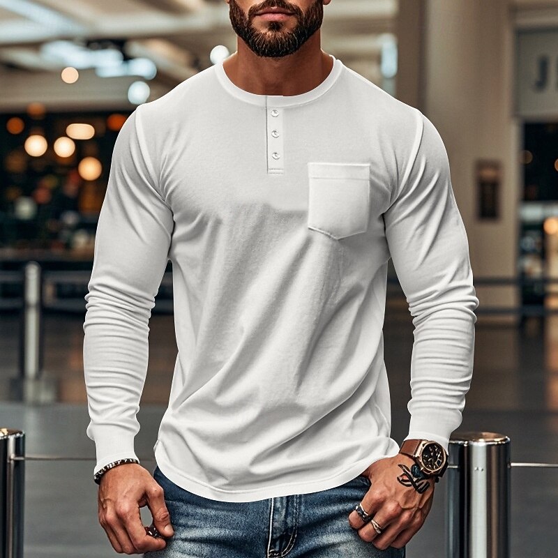 Men's Button T Shirt T Shirt Henley Shirt Tee Long Sleeve Henley Spring &  Fall Plain Fashion Designer Basic Pocket Vacation Street Going out Black White Red Top Tee for Men3