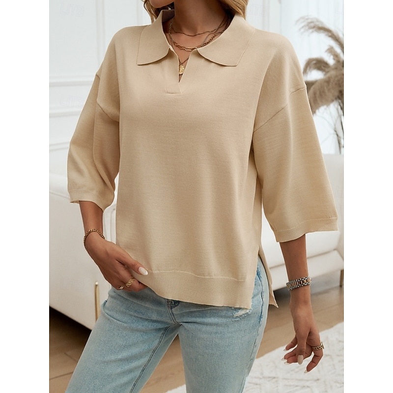 Women's Shirt Blouse Solid Color Basic Casual 3/4 Length Sleeve Shirt Collar Regular Tops Daily Yellow Blue Beige Summer Spring Fall3