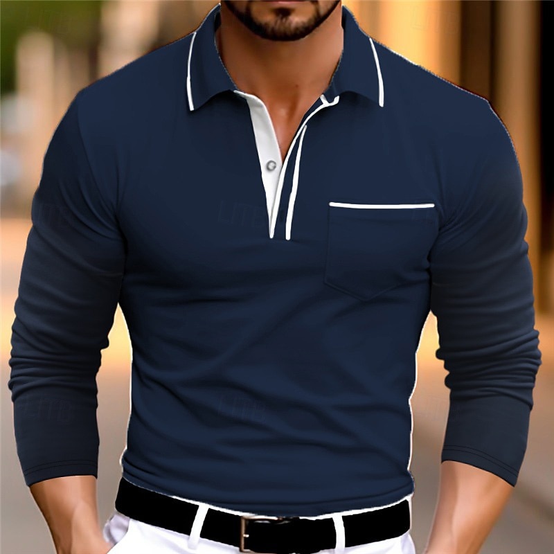 Men's Business Polo Golf Shirt Casual Sports Lapel Long Sleeve Fashion Basic Plain Buttons Spring &  Fall Regular Fit Wine Gray Business Polo2