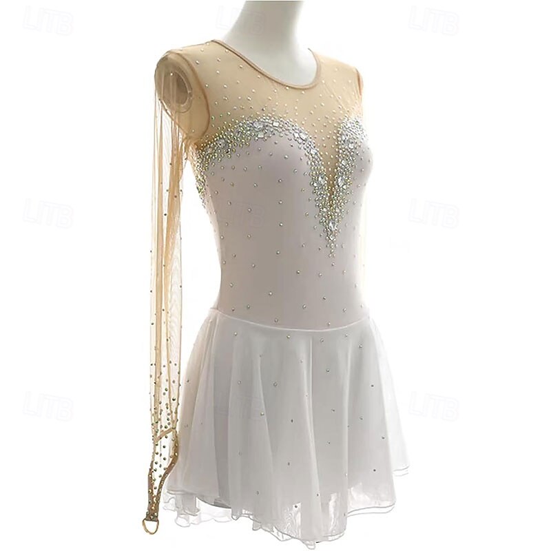 Figure Skating Dress Women's Girls' Ice Skating Dress Blue White High Elasticity Training Competition Skating Wear Classic Crystal / Rhinestone Long Sleeve Ice Skating Figure Skating2