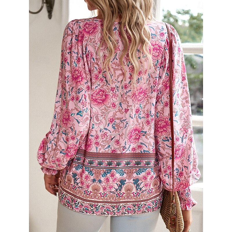 Women's Shirt Blouse Floral Bohemia Casual Long Sleeve V Neck Regular Tops Daily Print Yellow Pink Navy Blue Blue Orange Summer Spring Fall4