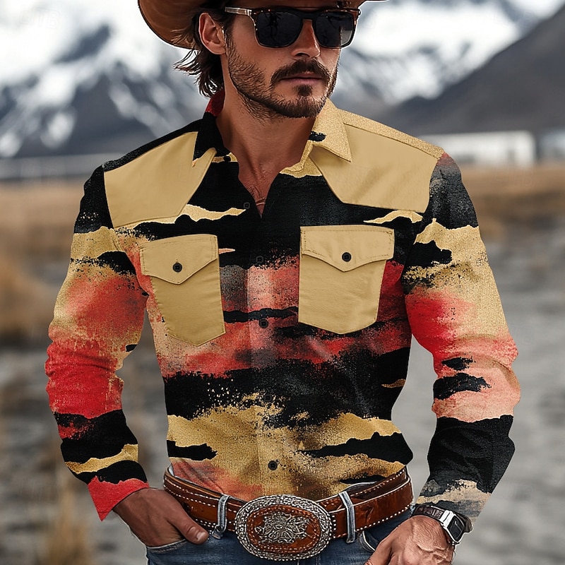 Men's Color Block Marble Western Shirt Cowboy Shirt Long Sleeve Western Casual Causal Spring Fall Turndown 2 Pockets Yellow Blue Green