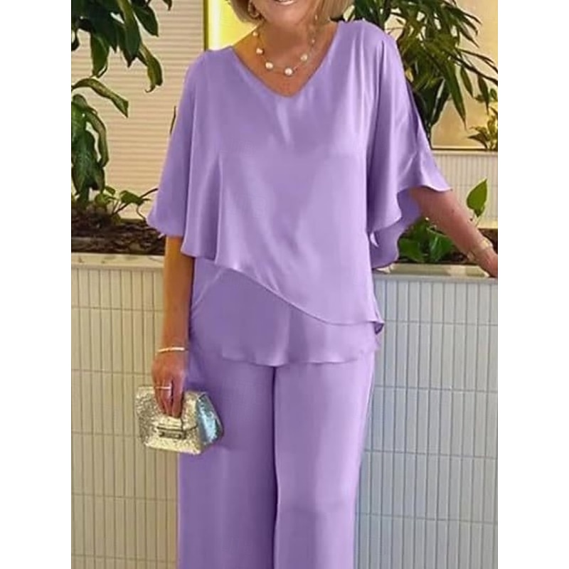 Women's Fashion Streetwear Daily Blouse Wide Leg Pants 3/4 Length Sleeve V Neck Plain Ruffle Casual Daily Pink Purple Khaki Spring &  Fall Regular Fit2