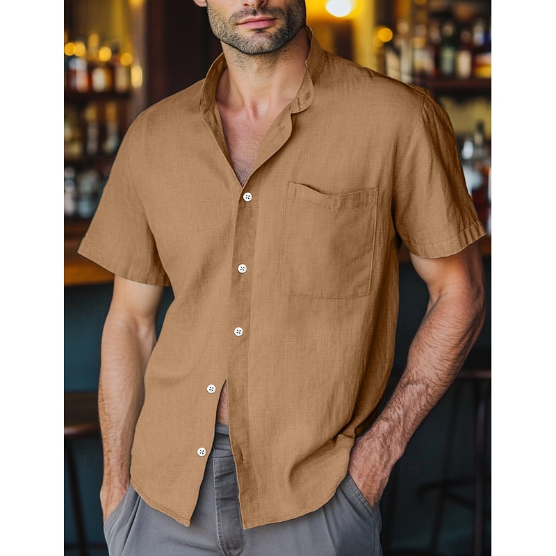 Men's Linen Shirt Band Collar Shirt Casual Shirt Plain Vacation Hawaiian Black White Yellow Pink Short Sleeve Henley Spring & Summer Clothing Apparel Front Pocket2