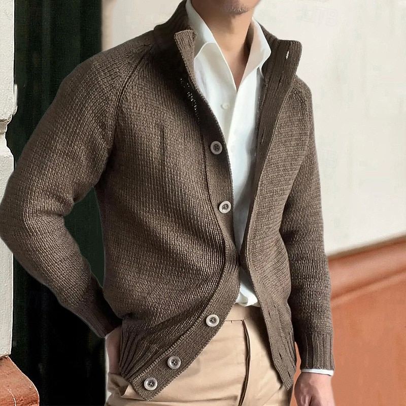 Men's Cardigan Sweater Cardigan Cropped  Sweater Ribbed Knit Regular Buttons Solid Color Stand Collar Fashion Classic Vacation Daily Wear Clothing Apparel Fall & Winter Black khaki M L XL4