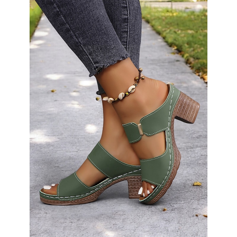 Women's Green Block Heel Double Straps Sandals - Comfortable Shoes for Casual Outings and Summer Wear