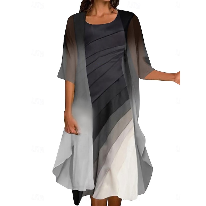 Women's Ombre Crew Neck Long Dress Maxi Dress 3/4 Length Sleeve Spring Fall