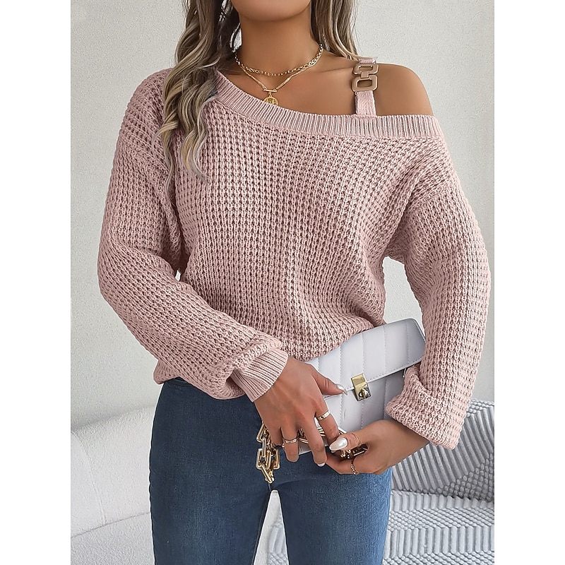 Women's Sweater Casual Soft Pure Color Chunky One Shoulder Knitted Long Sleeve Regular Tops Knit Outdoor Daily Weekend White Pink Fall Winter4