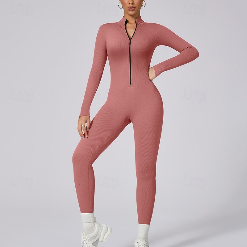Women's Jumpsuit Workout Jumpsuit Onesie Zipper Solid Color Bodysuit Romper Silver Black Yoga Fitness Gym Workout Breathable Soft Long Sleeve Sport Activewear Micro-elastic Slim4
