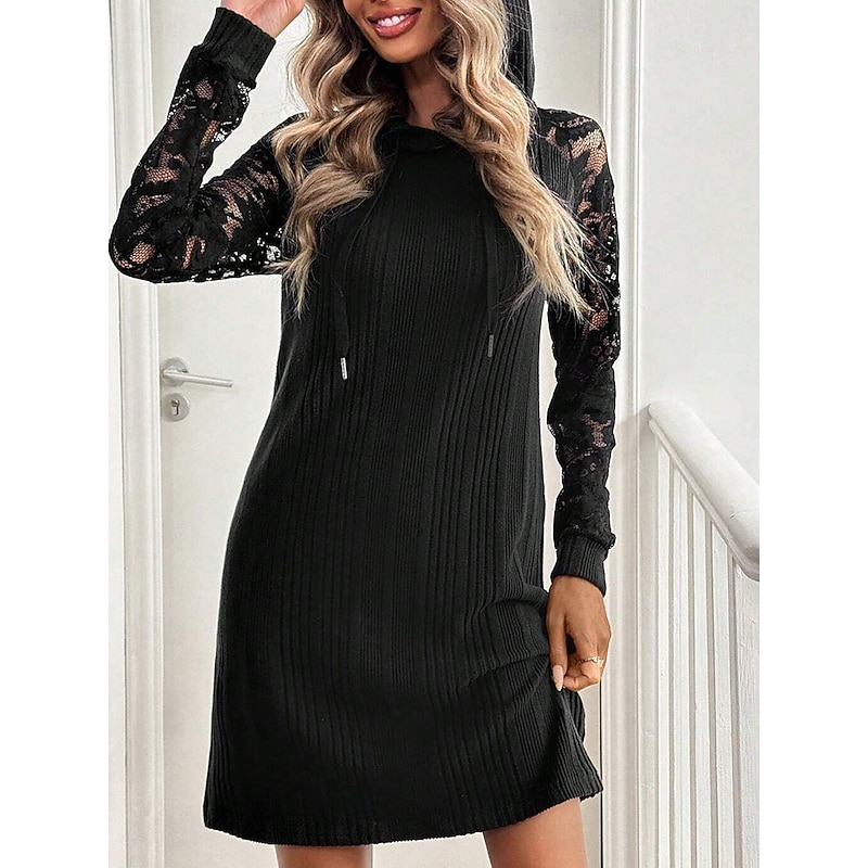 Women's Maxi Dress White Lace Wedding Dress A Line Dress Elegant Stylish Casual Vacation Party Daily Loose Fit Plain Long Sleeve Hooded Black Spring Fall Winter4