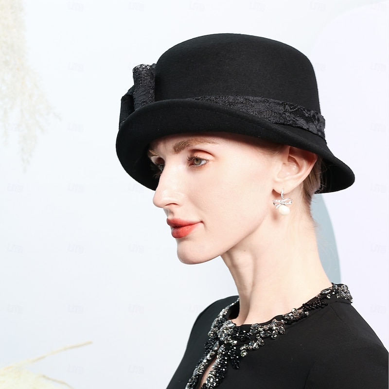 Hats 100% Wool Bowler / Cloche Hat Wedding Tea Party Elegant Wedding With Bowknot Lace Headpiece Headwear4