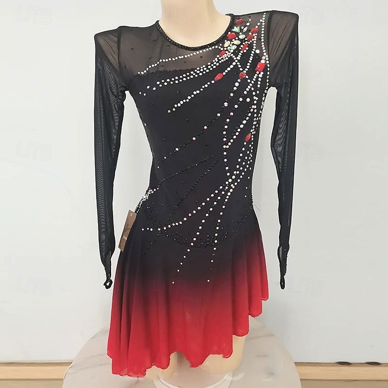 Figure Skating Dress Women's Girls' Ice Skating Dress Black Red White Patchwork High Elasticity Training Competition Skating Wear Classic Crystal / Rhinestone Long Sleeve Ice Skating Figure Skating