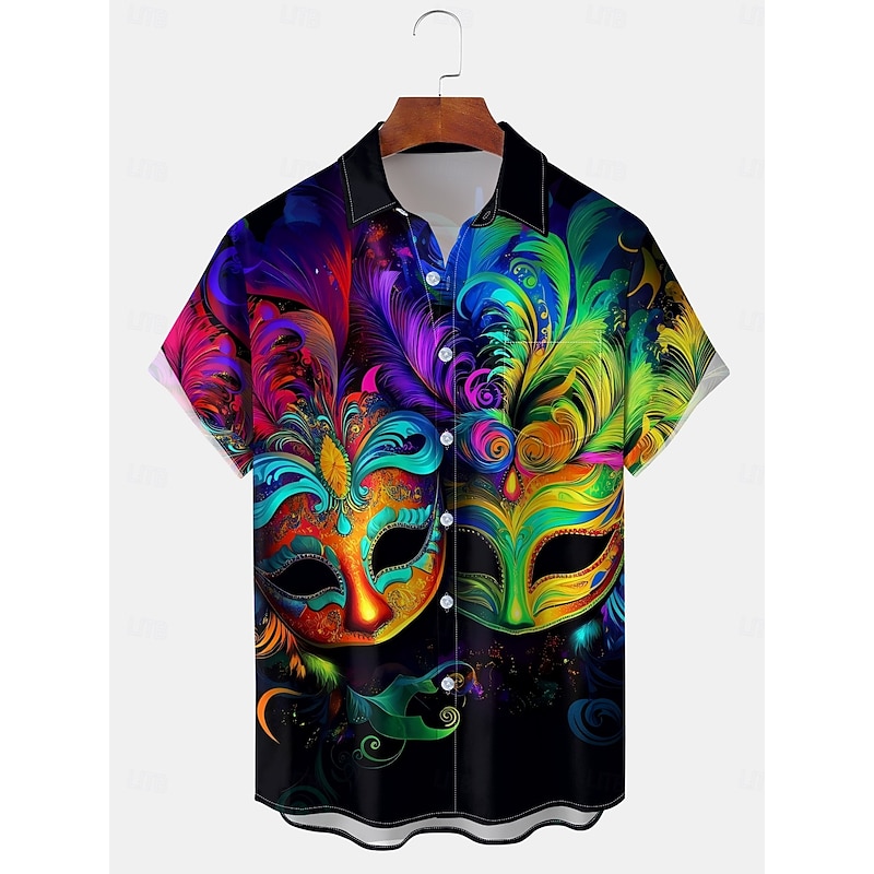 Mardi Gras Men's Mask Short Sleeves Artistic Casual Comfortable Outdoor Vacation Street Spring & Summer Shirt Collar Printing Black