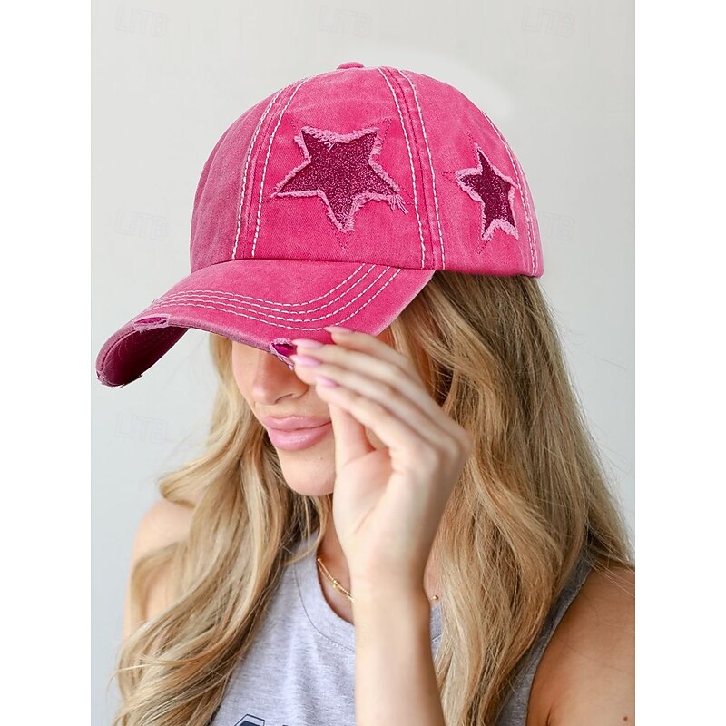 Women's Distressed Baseball Cap with Star Embroidery, Ponytail Hole Design, Adjustable Vintage Style Hat for Outdoor Activities, Sports, and Casual Wear2