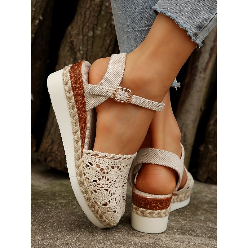 Women's Crochet Espadrille Wedge Sandals with Ankle Strap, Boho Style Lightweight Summer Shoes for Casual and Beach Wear3