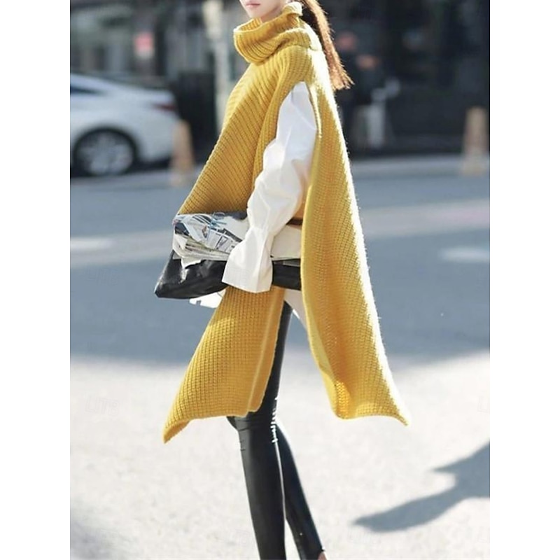 Women's Sweater Casual Soft Pure Color Ribbed Turtleneck Split Knitted Long Sleeve Regular Tops Knit Outdoor Daily Weekend White Yellow Fall Winter2