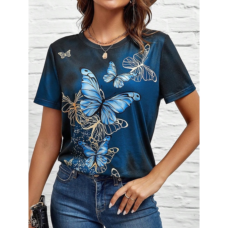 Women's T Shirt Butterfly Casual Short Sleeve Round Neck Regular Tops Daily Print Blue Summer3