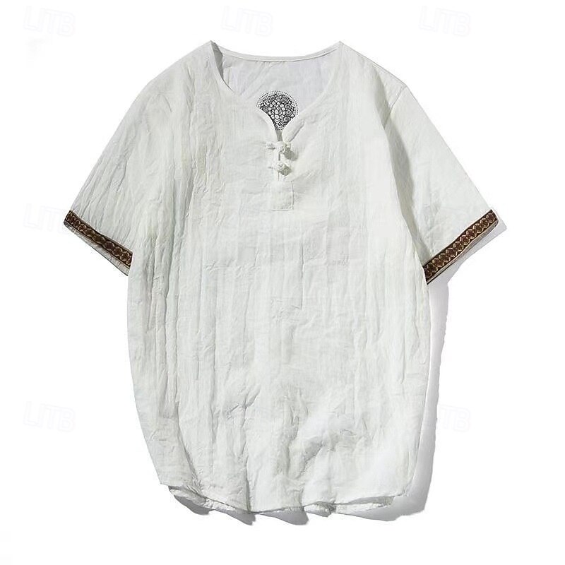 Men's Button T Shirt Henley Shirt Tee Tee Top Short Sleeve Henley Spring &  Fall Boho Paisley Damask Solid / Plain Color Fashion Designer Buckle Vacation Street Going out Black Blue Wine Top Tee for3