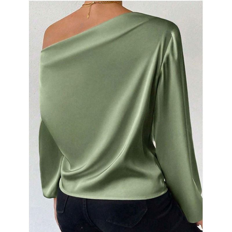 Women's Elegant Dressy Satin Blouse Solid Color Basic Casual Long Sleeve Lantern Sleeve Asymmetrical Regular Tops Work Daily Holiday Ruched Patchwork White Green Beige Spring Fall4
