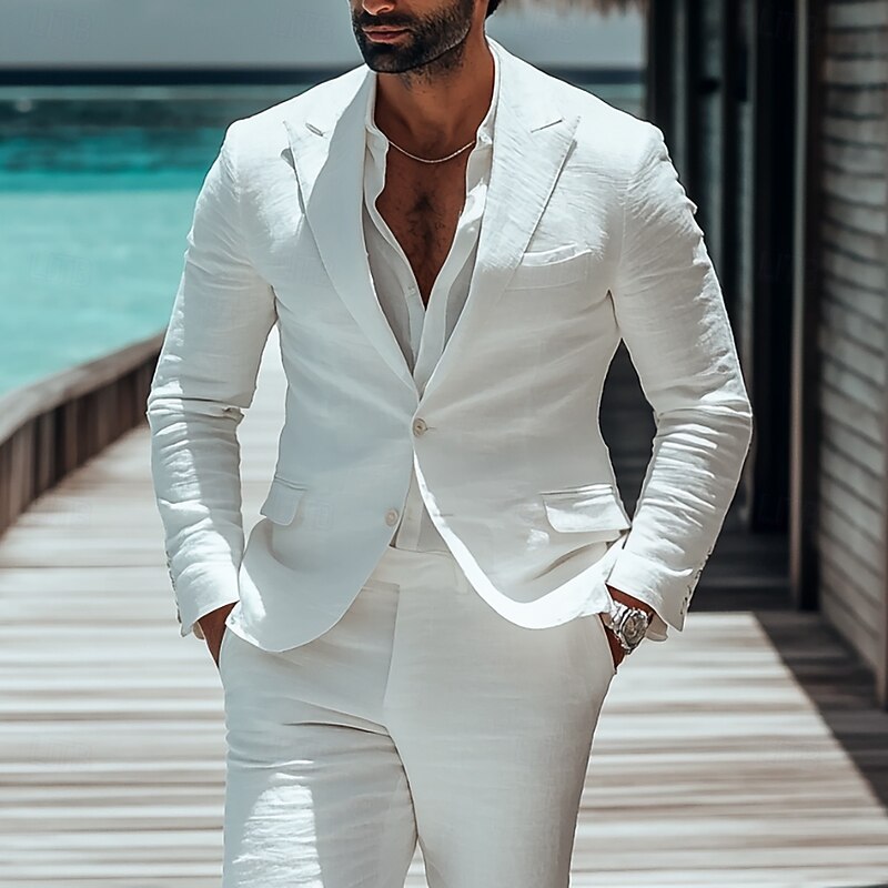 Men's Wedding Beach Wedding Linen Suits Peaked Lapel White Lightweight Casual Solid Colored Standard Fit 2 Piece Single Breasted Two-buttons2
