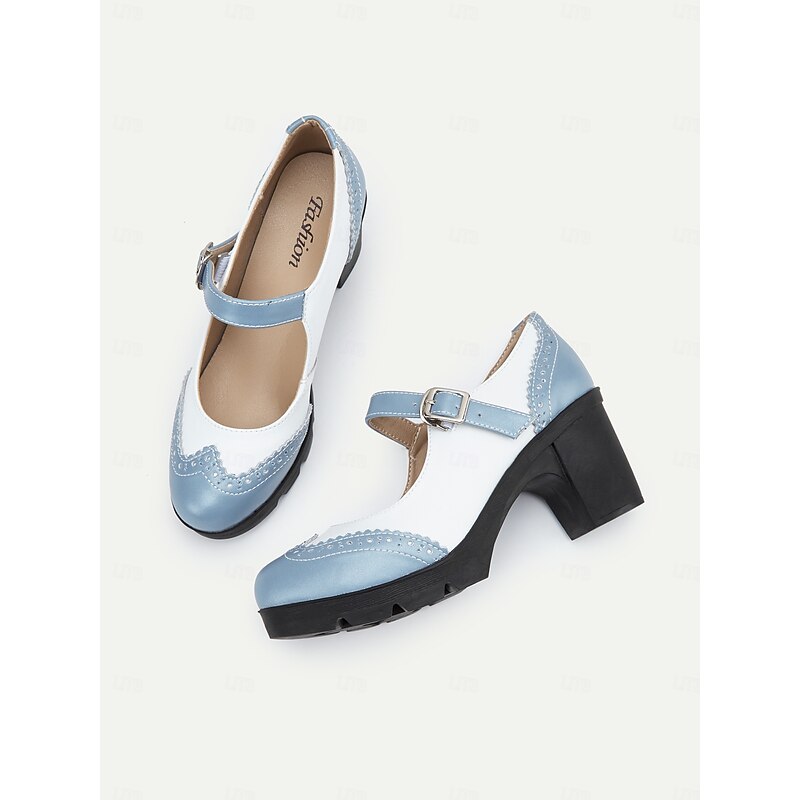 Women's Blue and White Mary Jane Chunky Heel Shoes with Brogue Detailing, Vintage Style Comfortable Pumps for Office, Parties, and Daily Wear4