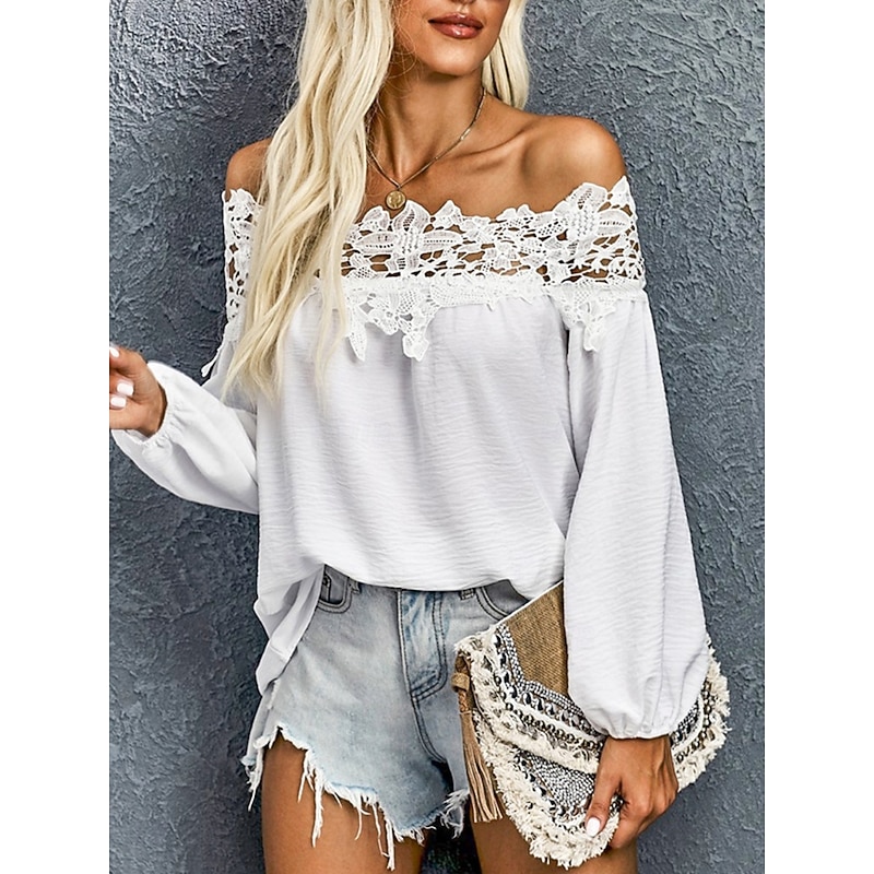Women's White Elegant Lace Tops Eyelet Sexy Blouse Casual Solid Color Regular Tops Long Sleeve Off Shoulder Lace Backless Patchwork Regular Fit Daily Romantic Petite Tops Summer Holiday Wear Black