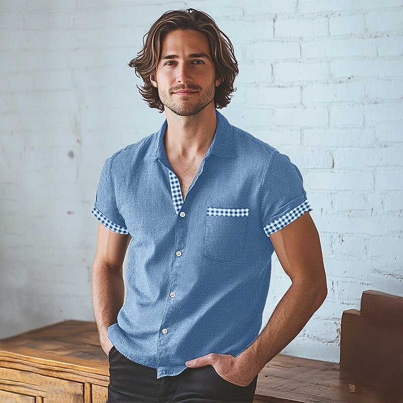 Men's Shirt Linen Shirt Beach Shirt Blue Green khaki Short Sleeve Plaid Turndown Home Holiday Front Pocket Clothing Apparel Vintage Casual4