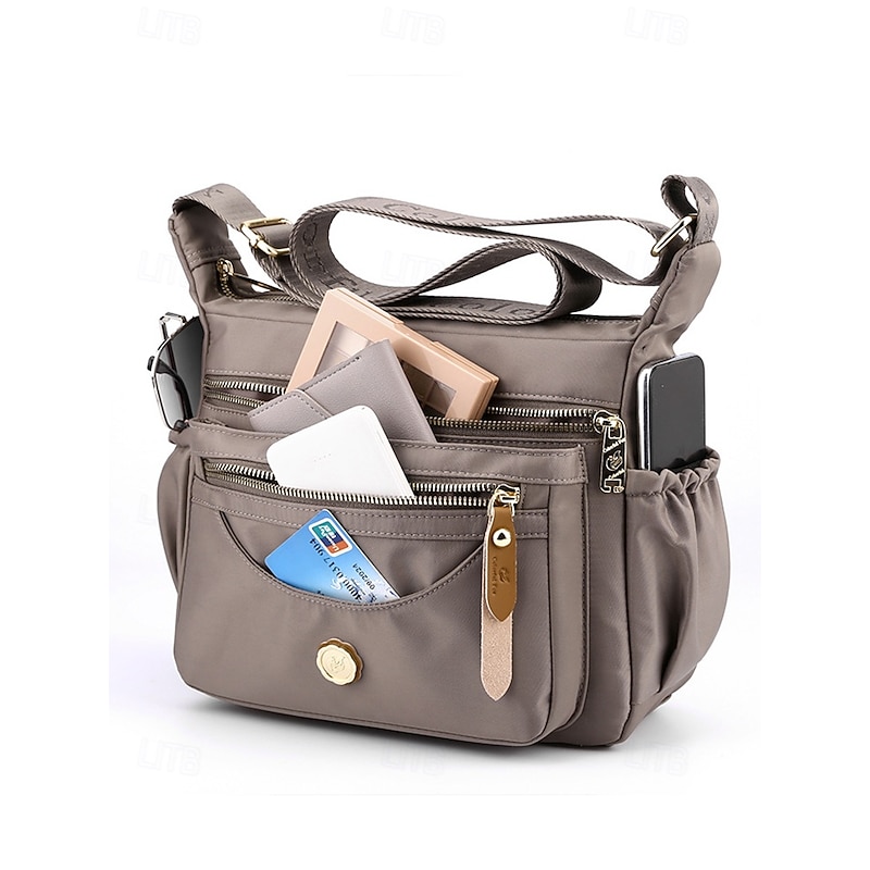 Women's Nylon Crossbody Bag with Multiple Pockets, Lightweight and Water-Resistant Shoulder Bag for Casual Daily Use and Travel Earth Yellow Black Pink