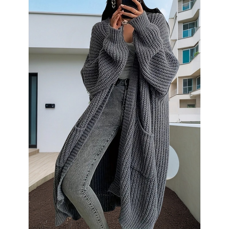 Women's Sweater Cardigan Casual Soft Pure Color Chunky Open Front Buttons Knitted Long Sleeve Long Tops Knit Outdoor Daily Weekend Dark Gray Beige Fall Winter2