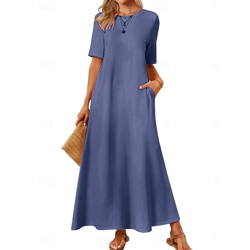 Women's Maxi Dress Casual Dress A Line Dress Stylish Basic Casual Vacation Daily Regular Fit Plain Short Sleeve Crew Neck Pink Blue Dark Green Summer Spring3