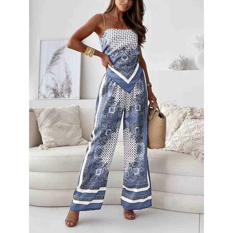 Women's Fashion Streetwear Daily Camisole Wide Leg Pants Sleeveless Strap Floral Backless Print Casual Daily Black Navy Blue Sky Blue Summer Regular Fit4