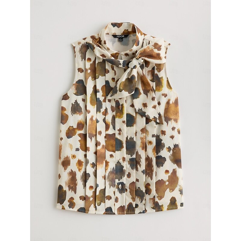 Sleeveless Pleated Button Front Bow Neck Blouse2