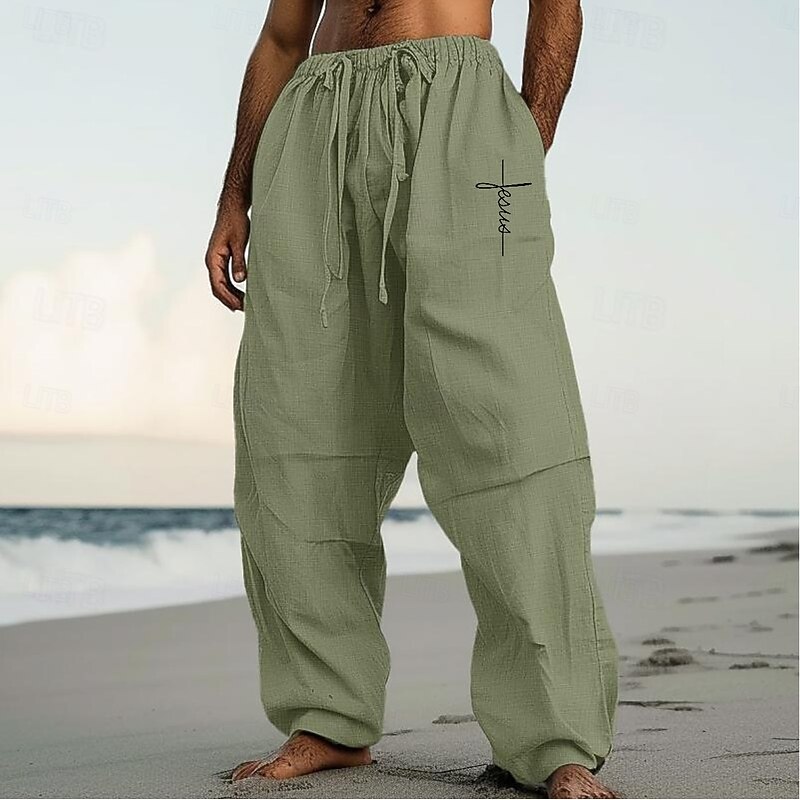 Men's Linen Pants Trousers Summer Pants Baggy Pants Pocket Drawstring Elastic Waist Plain Comfort Breathable Full Length Casual Daily Holiday Vacation Streetwear Black White