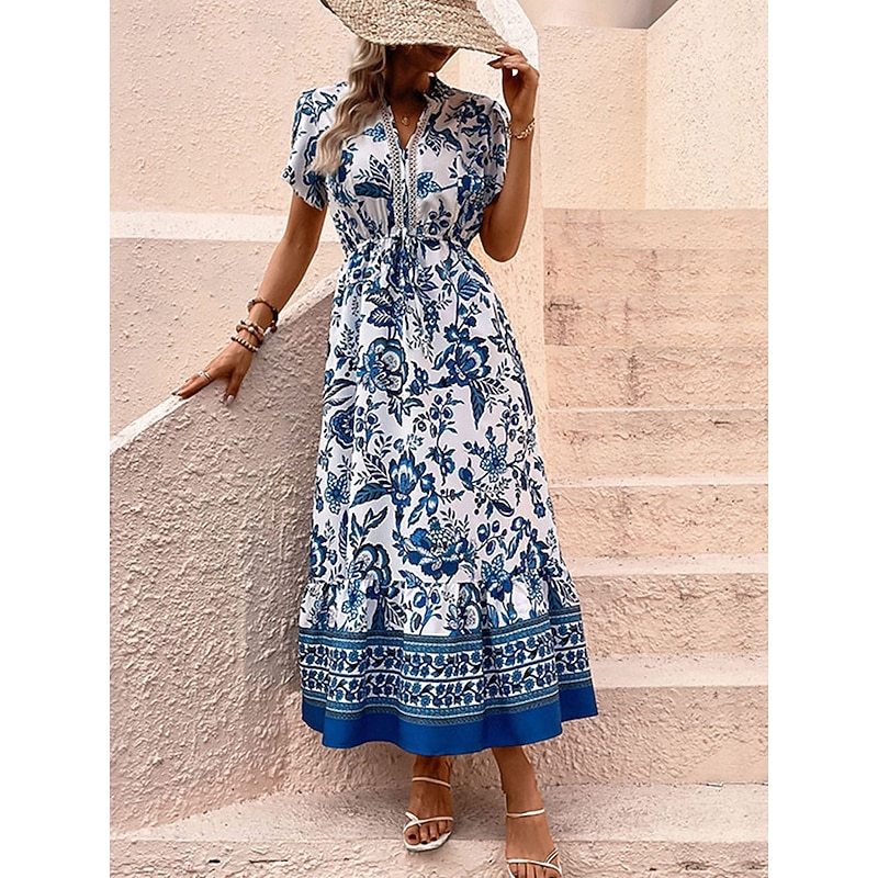 Women's Normal Maxi Dress Boho Chic Dresses Boho Dress Bohemia Vacation Beach Regular Fit Graphic Short Sleeve V Neck Blue Summer3