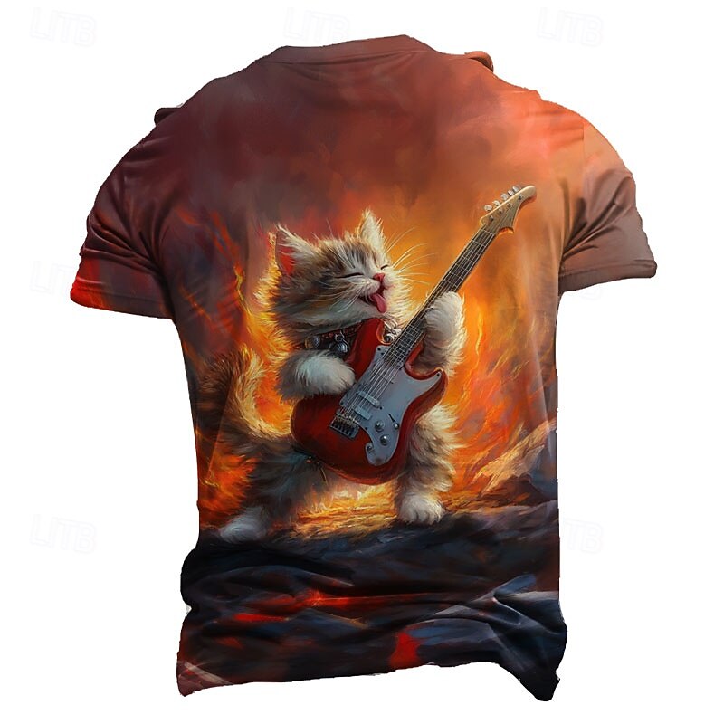 Men's Cat Guitar T Shirt Short Sleeve T shirt 3D Print Crew Neck Shirt Exaggerated Designer Party Holiday Red Summer Spring Clothing Apparel S M L XL XXL XXXL2