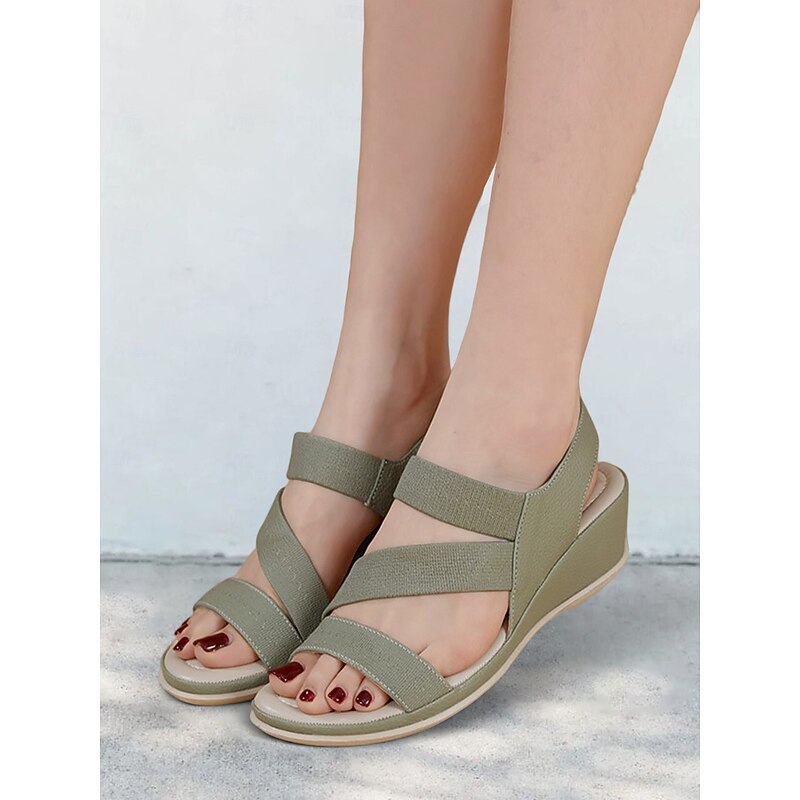 Women's Green Elastic Strap Wedge Sandals with Cushioned Sole - Comfortable Summer Shoes for Casual Wear and Travel4