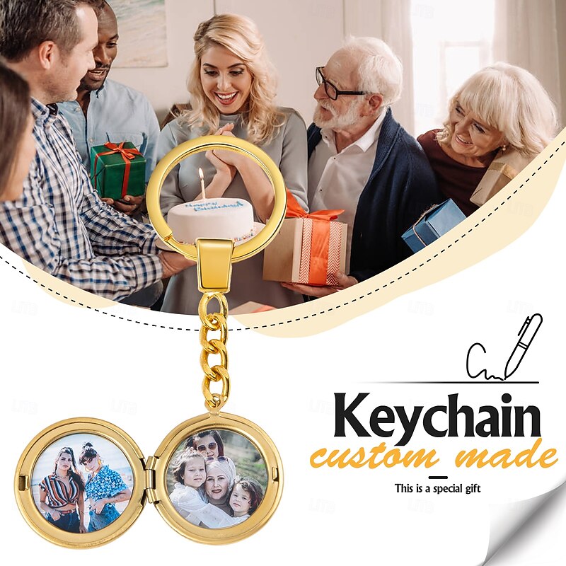 Personalized Keychain Custom Best Gift for Mom Wedding Gift for Lovers Gold Round Pendant with Two Customizable Photos4